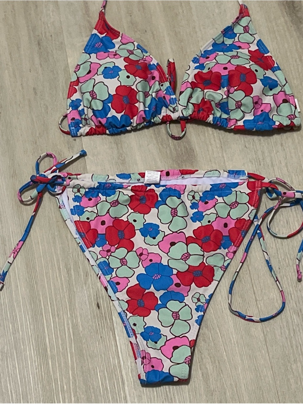 Floral Print Tie-Side Bikini - Pink, Blue & Red